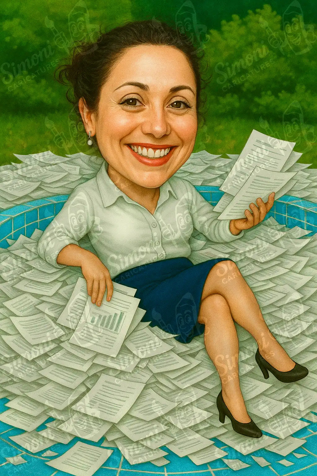 Карикатура на жена, седнала в басейн пълен с документи, усмихната, държи листи в ръка - персонализиран портрет от Simoni Caricatures, символизиращ бизнес, работа с документи и успех.